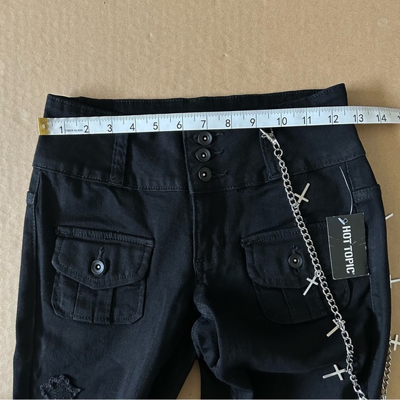 Hot Topic Black Cross Patch Side Chain Flare Pants Sz 3 Low Rise Gothic Stretch - Picture 12 of 16